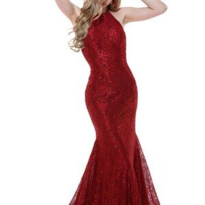 Ava Presley Wine Red Rhinestone Lace Cross Back Gown
